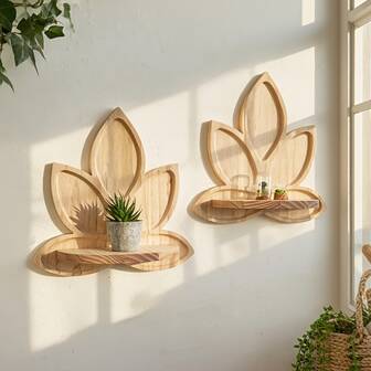 1/2pcs Wooden Lotus Shaped Wall Mounted Shelves, Boho Home Decor Rack For Living Room, Study, Wall Hanging Plant Holder
