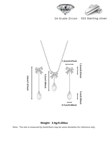 1 套奢华 S925 纯银蝴蝶结养殖珍珠和立方氧化锆项链和耳环套装，情人节、派对、日常佩戴的优雅珠宝礼物，配有精致礼品盒