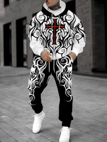 [2-Piece Set] Autumn And Winter Cross Print Long-Sleeved Hooded Sweatshirt With Drawstring Casual Trousers, Men's Casual Sports Suit, And Fashionable, With All-Over Print Design - 黑與白 - 查看 1