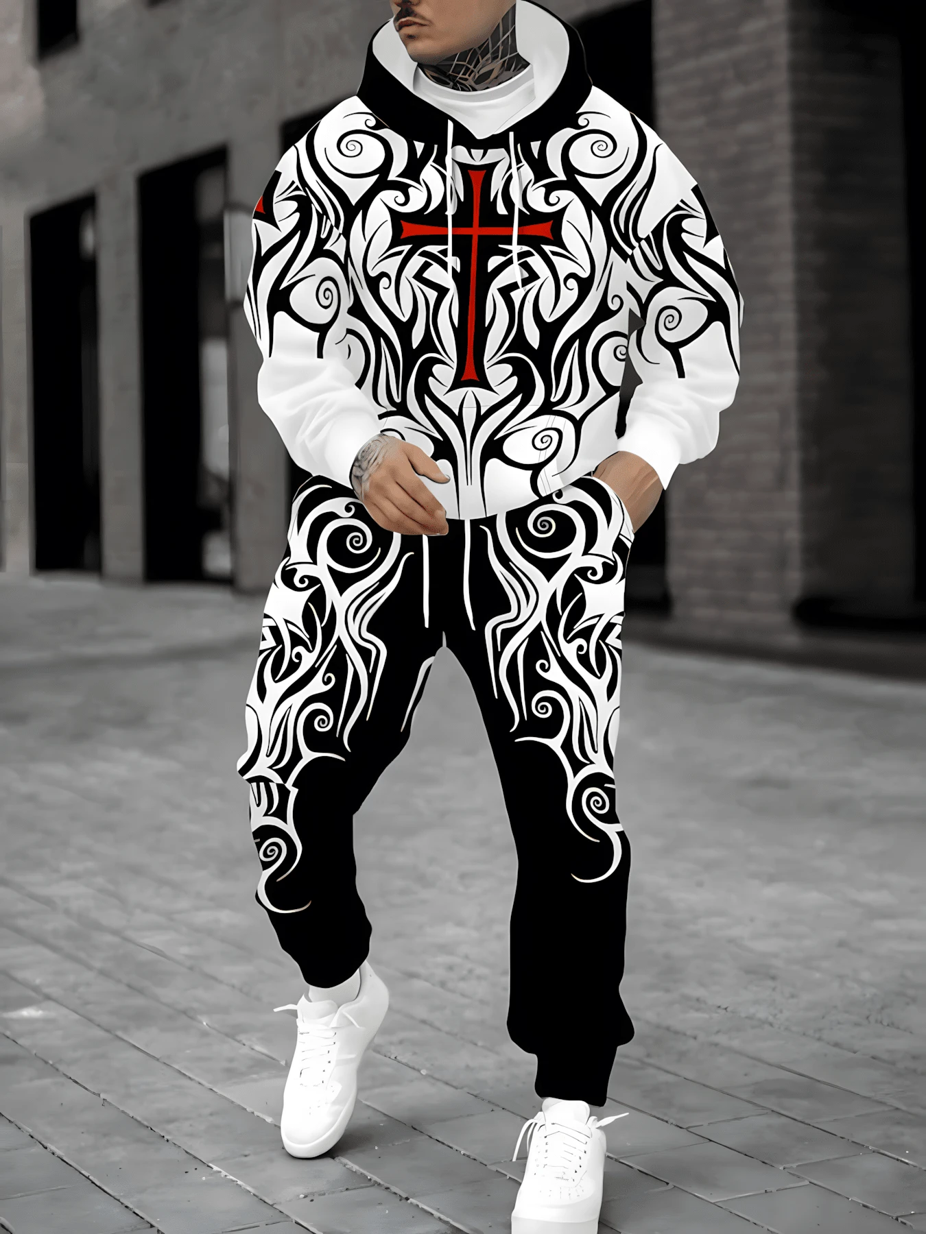 [2-Piece Set] Autumn And Winter Cross Print Long-Sleeved Hooded Sweatshirt With Drawstring Casual Trousers, Men's Casual Sports Suit, And Fashionable, With All-Over Print Design - 黑與白 - 查看 1