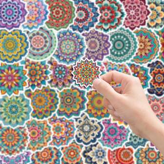 50 件曼陀罗图案贴纸 - 防水乙烯基贴花，适用于手提箱、笔记本、笔记本电脑、玻璃杯等 - 复古美学 DIY 剪贴簿装饰