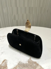 Black Elegant Velvet Vintage Metal Leaf Clasp Formal Party Clutch Purse, Suitable For Evening Gowns, Banquets, Weddings, And Formal Occasions, Perfectly Matching With Prom Dresses For Women, Prom Accessories,Sequin Dress Women,Sparkly Dress,Elegant Dresses For Women, Elegant Prom Bag, Perfectly Matching With Bridal Party,Lightweight,Business Casual Rhinestone Decor Bucket Bag Mini Drawstring Design, Clear Bag Faux Pearl Bag Evening Bag,Dinner Bag Glamorous,Elegant,Exquisite,Quiet Luxury Rhinestone For Party Girl,Woman,Bride Perfect For Party,Dinner/Banquetchristmas Party Dress - 黑色 - 查看 9