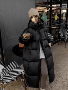 Chaqueta de invierno larga y holgada con capucha hasta la rodilla para mujer - Negro profundo - Ver 2