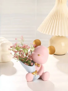 1pc Bear Figurine, Home Living Room Decor, Entryway Decor Small Bear Holding Flower Ornament, Living Room Storage Decor Home Decor Vase Flower Vase Glass Vase