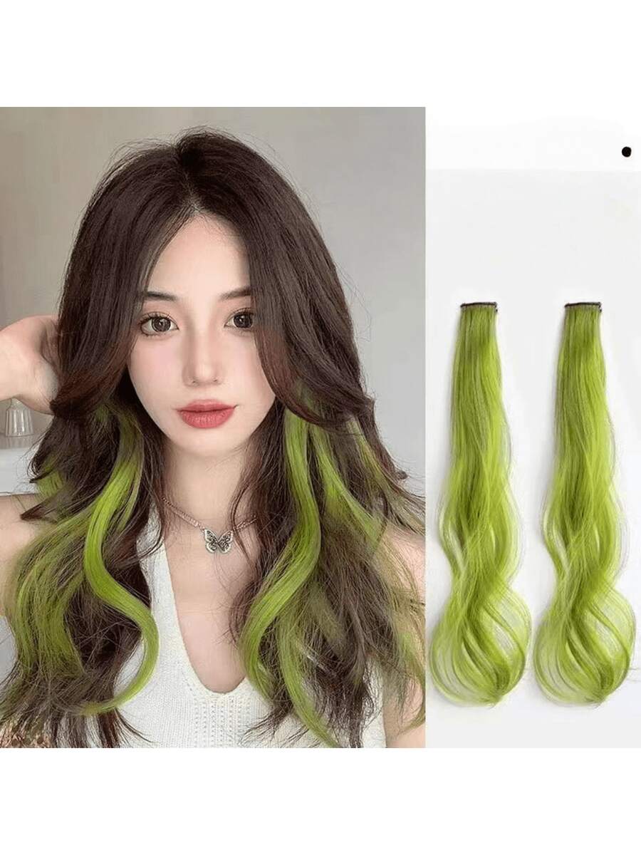 2片装绿色渐变色夹式接发片，无缝逼真长发，长度可修剪，带爪夹，发夹，发卡，发卡，发饰，上学用品，假发，女士圣诞装扮，头部配饰，女士发饰 - 綠色 - 查看 1