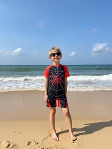 Young Boys Elegant Outdoor Casual Cute Spider Digital Print Raglan Short Sleeve Romper Swimsuit, Summer - Black - View 4