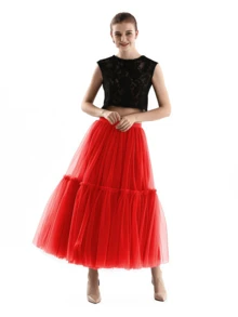 1pc Women's Black, White, Red Double-Layer Mesh Skirt, High Waist Layered Pleated Cake Skirt, Patchwork Design, Suitable For Spring/Summer, Halloween