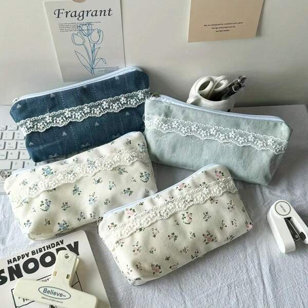 1 Lace Pencil Case, Small Floral Stationery Storage Bag, And Cosmetic Bag. A Must-Have For Student Stationery, Perfect For Back-To-School Season.
