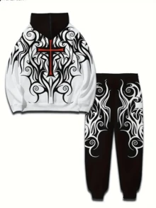 [2-Piece Set] Autumn And Winter Cross Print Long-Sleeved Hooded Sweatshirt With Drawstring Casual Trousers, Men's Casual Sports Suit, And Fashionable, With All-Over Print Design - 黑與白 - 查看 3