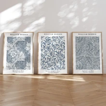 3 件/套 William Morris 植物帆布墙饰 - 优雅的蓝色花朵和叶子墙饰，带或不带框架 - 现代经典风格，适用于客厅、卧室、厨房、家庭办公室 - 防水、高品质印刷品、极简主义海报、白色和蓝色、大学宿舍公寓装饰