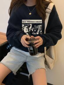 女式宽松图案印花圆领运动衫，休闲长袖套头衫，适合秋冬季 - 藏蓝色 - 查看 3