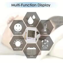1 pieza Termómetro digital e higrómetro con pantalla táctil y reloj despertador, medidor de temperatura de alta precisión para escritorio o montaje en pared, visualización de hora en formato 12/24 horas, alimentado por batería, para dormitorio, cocina, sala de estar, bodega, despensa, sensor de temperatura y humedad para el hogar, regalo para fiestas, decoración navideña y decoración de habitación