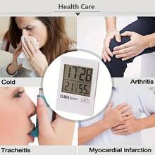 1 pieza Termómetro digital e higrómetro con pantalla táctil y reloj despertador, medidor de temperatura de alta precisión para escritorio o montaje en pared, visualización de hora en formato 12/24 horas, alimentado por batería, para dormitorio, cocina, sala de estar, bodega, despensa, sensor de temperatura y humedad para el hogar, regalo para fiestas, decoración navideña y decoración de habitación