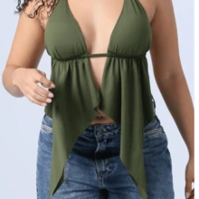 Simple Fabric Ruched Layered Top Beach Vacation Night Travel Dating Home Summer/Spring - Army Green - View 1