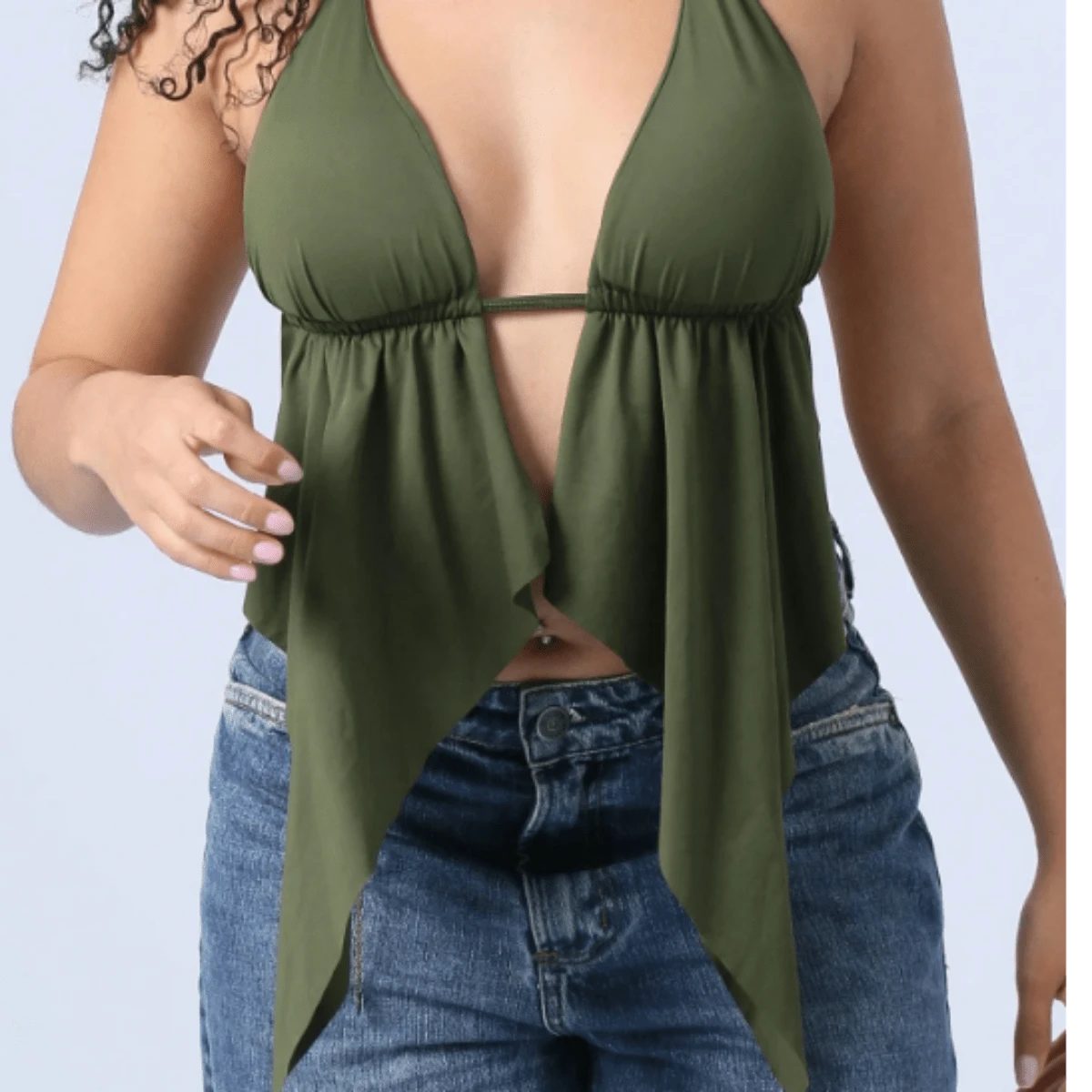 Simple Fabric Ruched Layered Top Beach Vacation Night Travel Dating Home Summer/Spring - Army Green - View 1