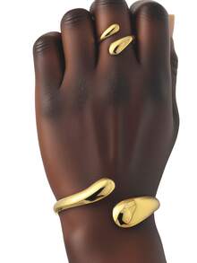 1pc Stainless Steel 18K Gold Plated Teardrop Open Ring, Bohemian Style For Women Gift