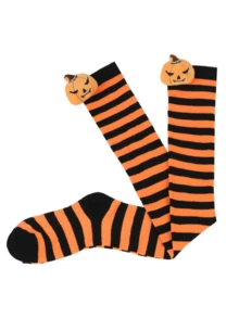 1 par de calcetines sobre la rodilla con diseño de calabaza y diablo, calcetines largos a rayas para mujer para días festivos, calcetines largos a rayas para cosplay
