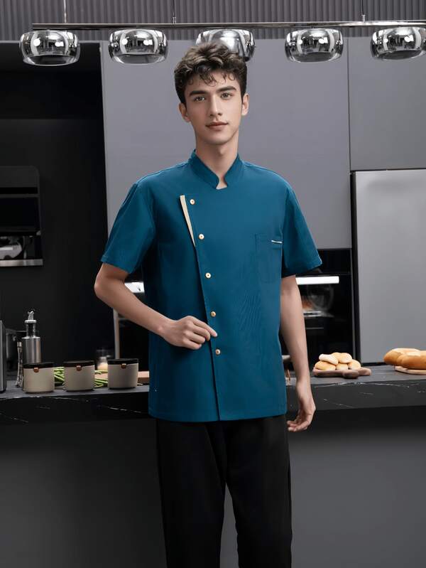 بدلة عمل عصرية مخصصة جديدة، بدلة طباخ، بدلة عمل أزرق فاتح عالية الجودة بأكمام قصيرة موحدة للجنسين، مناسبة للمطاعم الغربية، المخابز، محلات القهوة، محلات الزهور، محلات الشواء، المطاعم السريعة، قماش قابل للتنفس ومتين، تصميم جيب مريح