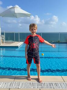 Young Boys Elegant Outdoor Casual Cute Spider Digital Print Raglan Short Sleeve Romper Swimsuit, Summer - Black - View 6