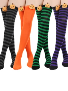 1 par de calcetines sobre la rodilla con diseño de calabaza y diablo, calcetines largos a rayas para mujer para días festivos, calcetines largos a rayas para cosplay