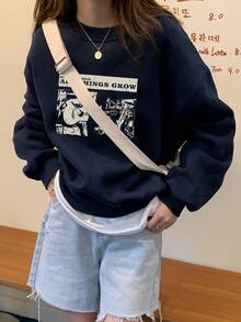 女式宽松图案印花圆领运动衫，休闲长袖套头衫，适合秋冬季 - 藏蓝色 - 查看 1