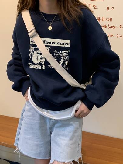 女式宽松图案印花圆领运动衫，休闲长袖套头衫，适合秋冬季