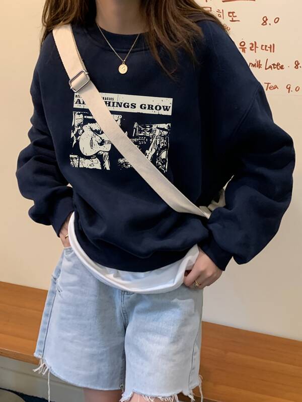 女式宽松图案印花圆领运动衫，休闲长袖套头衫，适合秋冬季