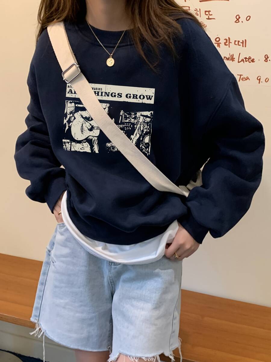 女式宽松图案印花圆领运动衫，休闲长袖套头衫，适合秋冬季 - 藏蓝色 - 查看 1