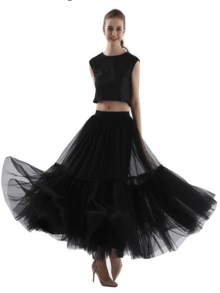 1pc Women's Black, White, Red Double-Layer Mesh Skirt, High Waist Layered Pleated Cake Skirt, Patchwork Design, Suitable For Spring/Summer, Halloween