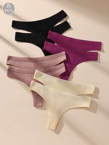 Paquete de 8 bragas tipo tanga de bikini acanaladas y sexys de unicolor para mujer, de algodón suave y transpirable sin costuras - Multicolor - Ver 4