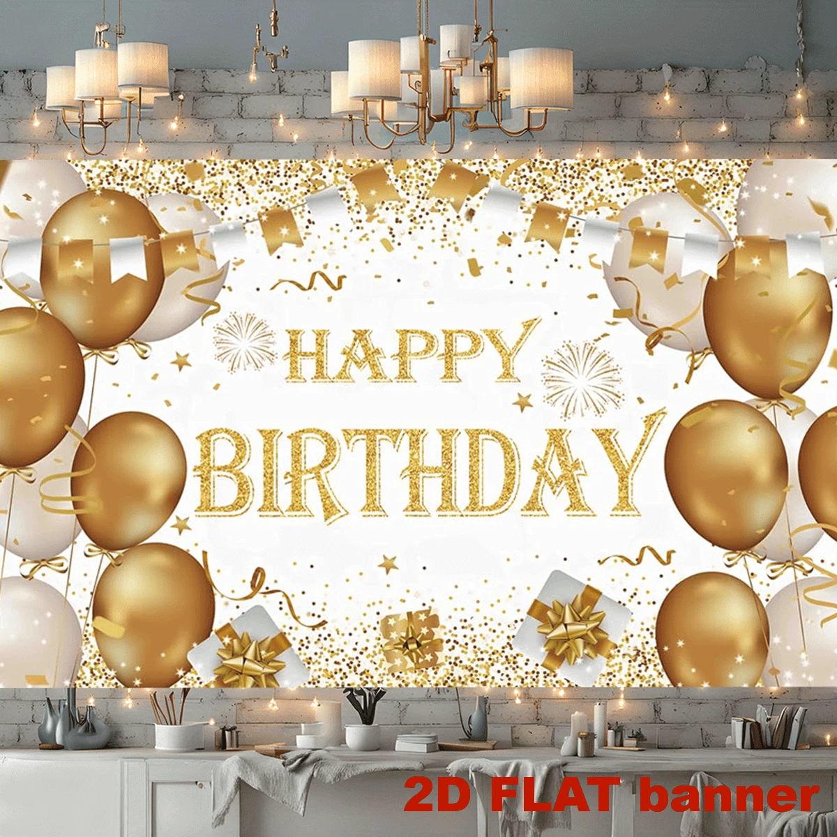 Elemento de fondo de globo plano dorado "Feliz cumpleaños" en 2D, adecuado para fiestas interiores/exteriores, fotografía, decoración del hogar, exhibición de puertas de garaje, sin necesidad de energía, decoración de fiesta de cumpleaños