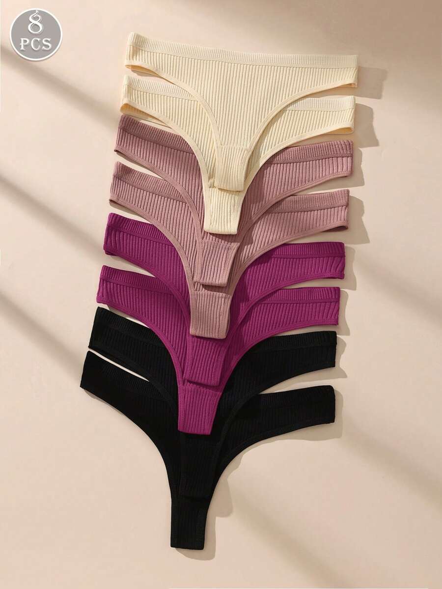 Paquete de 8 bragas tipo tanga de bikini acanaladas y sexys de unicolor para mujer, de algodón suave y transpirable sin costuras - Multicolor - Ver 1