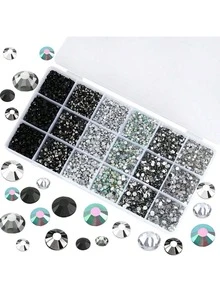 15格树脂彩色钻石装饰盒，混合3毫米、4毫米、5毫米尺寸彩色圆形钻石，DIY手机壳配件 - 黑灰色系 - 查看 3