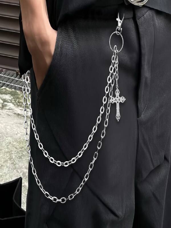1pc Wallet Chains For Men, Pants Chains Double Cross Pocket Chains Punk Trousers Jeans Chains For Biker Heavy Skull Chain Belt Goth Accessories