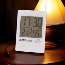 1 pieza Termómetro digital e higrómetro con pantalla táctil y reloj despertador, medidor de temperatura de alta precisión para escritorio o montaje en pared, visualización de hora en formato 12/24 horas, alimentado por batería, para dormitorio, cocina, sala de estar, bodega, despensa, sensor de temperatura y humedad para el hogar, regalo para fiestas, decoración navideña y decoración de habitación