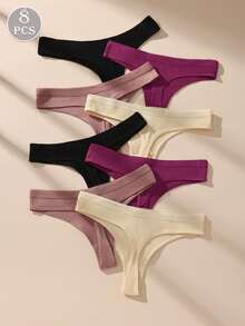 Paquete de 8 bragas tipo tanga de bikini acanaladas y sexys de unicolor para mujer, de algodón suave y transpirable sin costuras - Multicolor - Ver 2