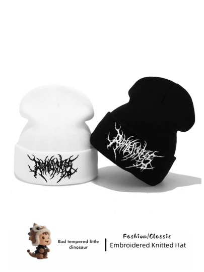 1 件男女通用哥特式刺绣针织帽，时尚街头滑雪帽，温暖多用途寒冷天气帽，宽松版型