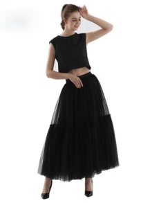 1pc Women's Black, White, Red Double-Layer Mesh Skirt, High Waist Layered Pleated Cake Skirt, Patchwork Design, Suitable For Spring/Summer, Halloween