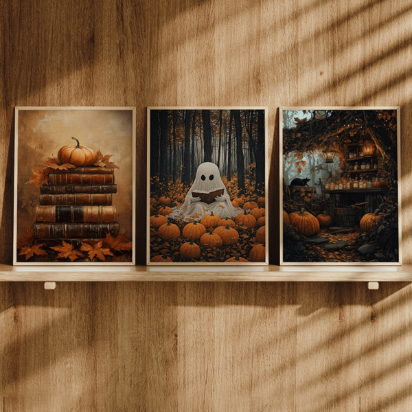 3 sztuki/zestaw jesiennych wydruków ściennych z motywem Halloween, plakat w stylu vintage z jesieni, dynia i stos książek, uroczy duch w lesie, książka do czytania z dyniami, apteka na dyniowym polu, sztuka czarownic, mroczna akademia