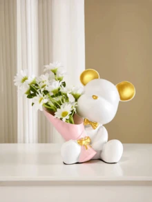 1pc Bear Figurine, Home Living Room Decor, Entryway Decor Small Bear Holding Flower Ornament, Living Room Storage Decor Home Decor Vase Flower Vase Glass Vase
