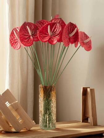 1PCS/3PCS/5PCS，高档材质红掌百合（大红色），软PVC，造型灵活，易于保存，非常适合家居装饰、办公室装饰、派对装饰、餐桌装饰、花瓶装饰、DIY插花