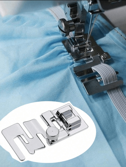 1pc Elastic Ribbon & Cord Band Lace Patchwork Fabric Presser Foot With Fish-Shaped Needle Threader For Low Shank Domestic Sewing Machines (Brother, Singer, Feiyue, Janome, Juki, Etc.) – DIY Sewing Simplified: Versatile Elastic Fabric Presser Foot & Easy Needle Threader, Elegant Silvery Grey