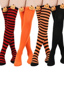 1 par de calcetines sobre la rodilla con diseño de calabaza y diablo, calcetines largos a rayas para mujer para días festivos, calcetines largos a rayas para cosplay