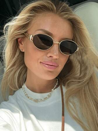 1 件椭圆形个性化金属时尚女士眼镜，复古风格，适合夏季海滩度假、户外、旅行太阳镜，复古风格椭圆形镜框，适合外出装、返校装