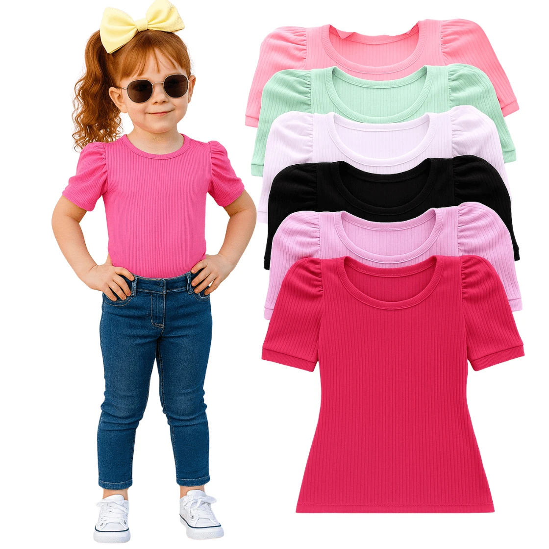 Kit 3 Blusinhas Caneladas Infantis Femininas Manga Princesa Sortidas