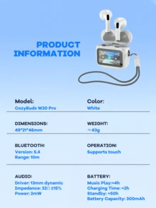 最新升级版 Remax 无线蓝牙耳机带显示屏，20 小时播放时间，无线立体声耳机，触控，迷你耳机，舒适防汗运动耳机，耳机设计，白色 - 白色 - 查看 11