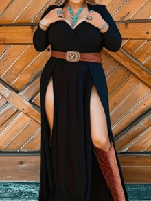 Plus Size Women Elegant V-Neck Sexy High Slit Solid Color Dress For Party, Vacation, Wedding Honeymoon, Cocktail, Casual (Belt Not Included), Spring/Summer