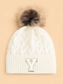 1pc Kids Letter & Pom Pom Knit Beanie Hat, Soft Comfortable Warm Fashionable Versatile Winter Cap, Suitable For Boys & Girls Everyday Wear, Great Gift - White - View 37