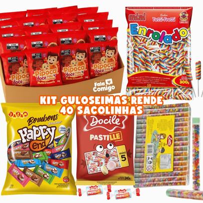 Kit 5 Guloseimas Rende 20/30/40/50 Sacolinhas Aniversário Infantil Pipoca Bombom Pastilha Tubete  - Fala Comigo