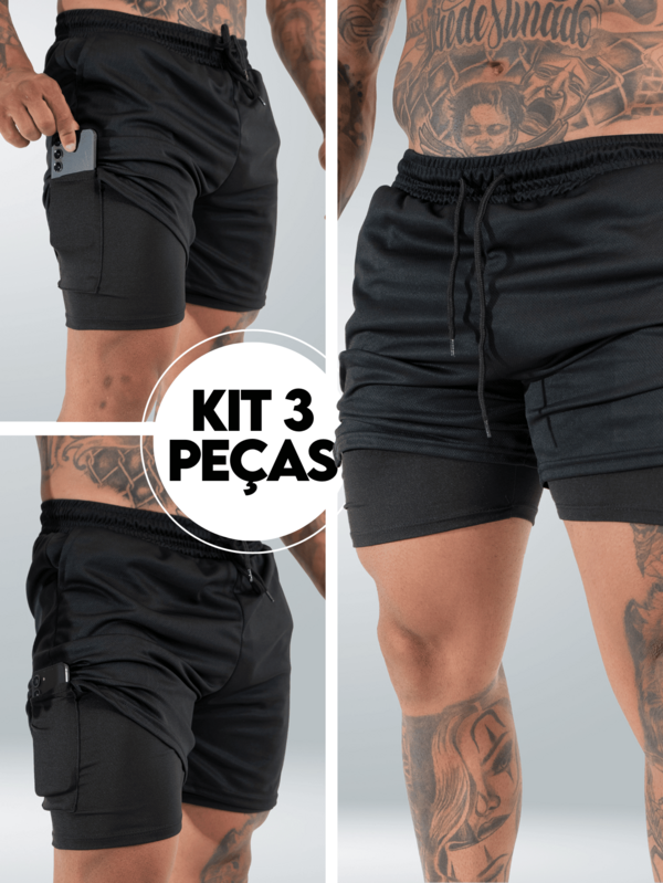 Kit 3 Bermudas Masculinas 2 em 1 Com proteção Uv+20 Sport Revolution Bermuda para Treinar